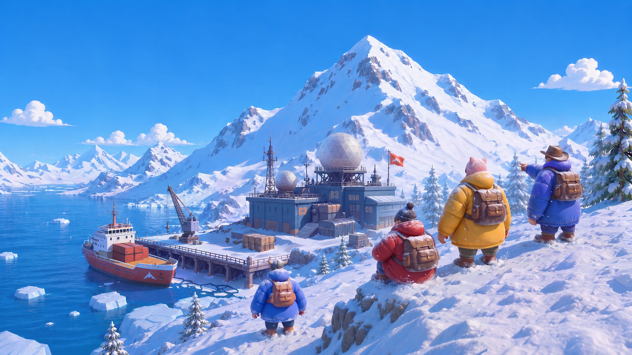 Four bundled-up crew members look out over an icy fjord at a remote research station